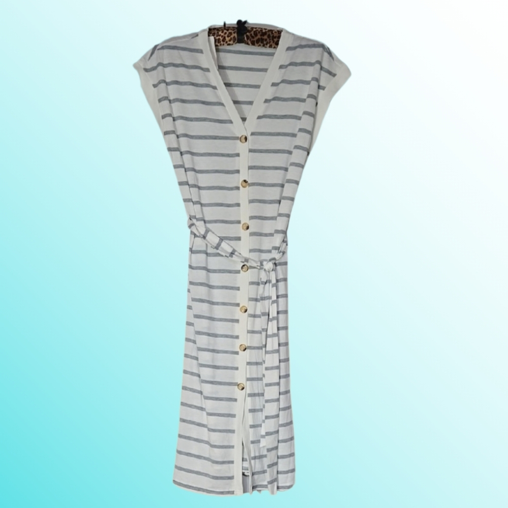 White & Gray Striped Button-Down Dress with Belt